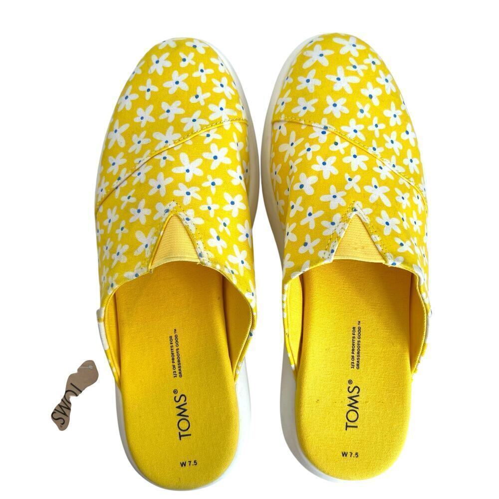 TOMS Alpargata Mallow Mule Yellow With White Daisy Print Women's Size 7.5